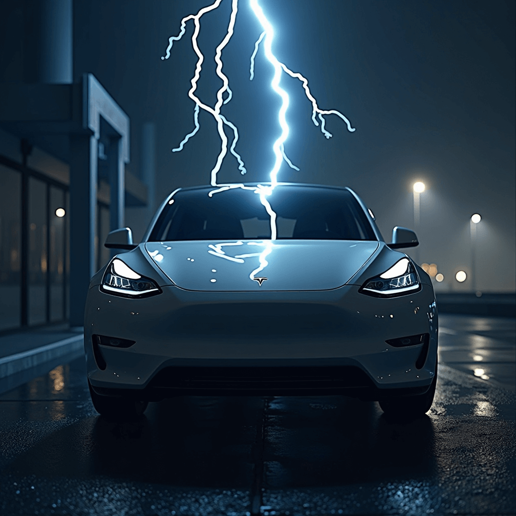 Tesla electric car with a bold lightning bolt graphic symbolizing electric power and speed