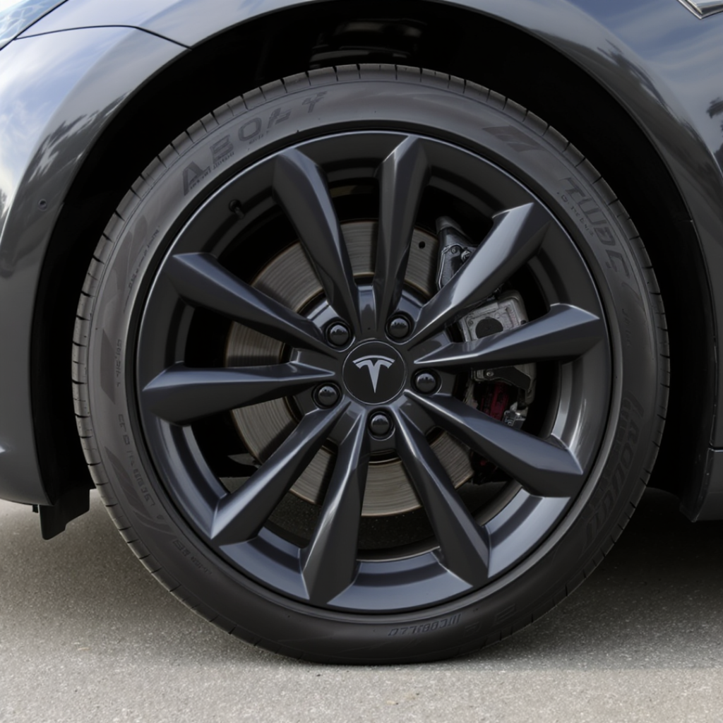Close-up of a black Tesla wheel showing tire tread.
