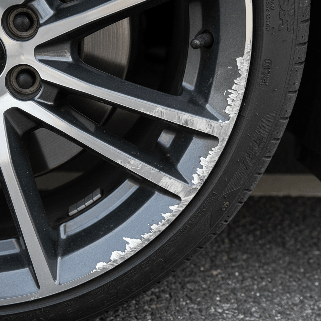 Close-up of a curb-rashed alloy wheel before professional wheel repair in Plano, Texas.