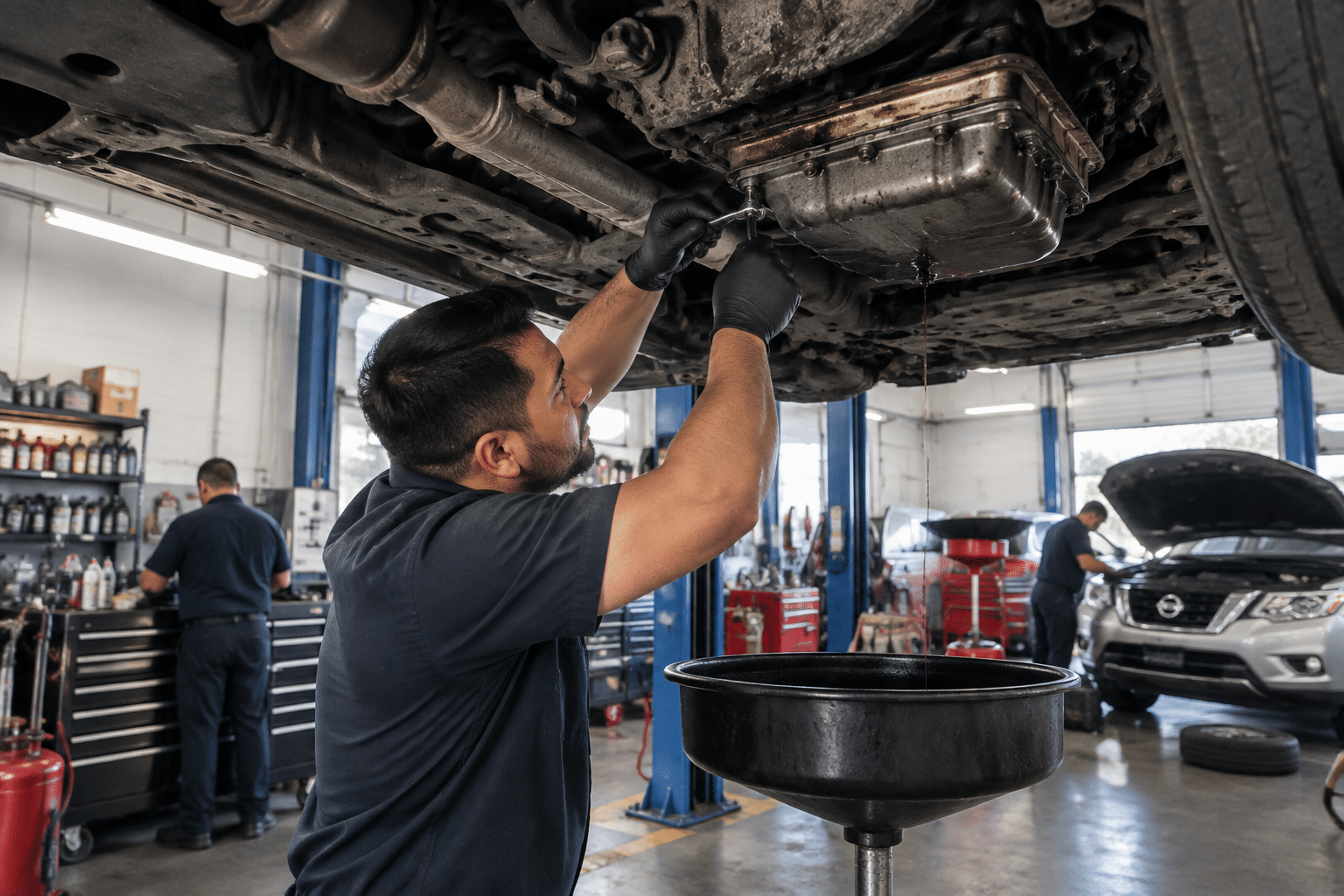 ASE certified mechanic performing oil leak repair