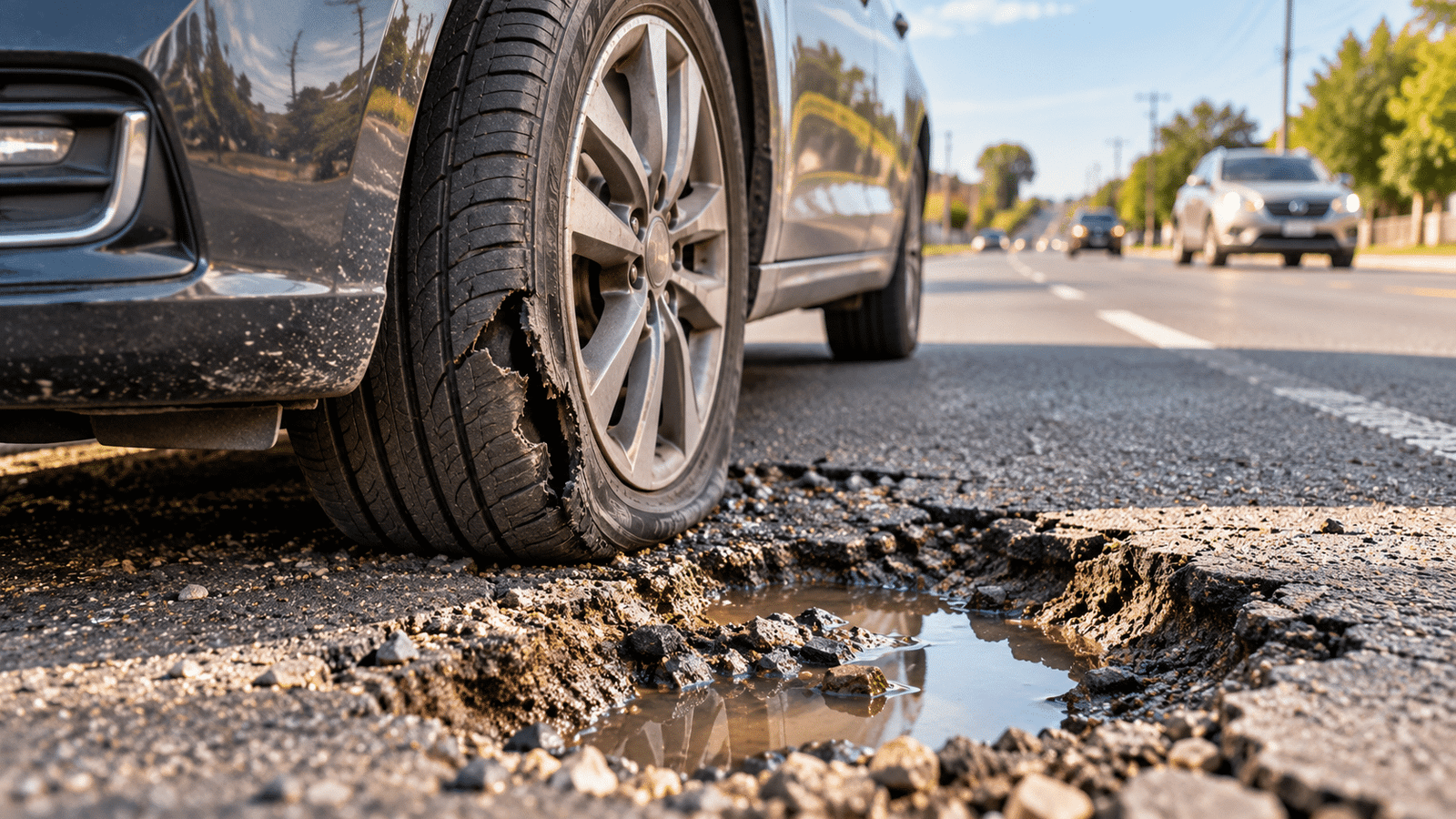 tire damaged by pothole