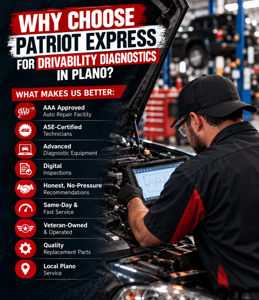 why choose patriot express for drivability and engine performance check in plano